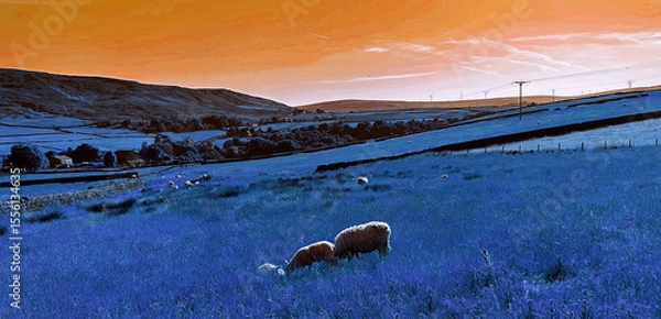Fototapeta Time seems lost in dreamlight folds, a stillness hums in cobalt light, and every shadow softly holds the whisper of the coming night near, Mankinholes Bank, Todmorden, UK