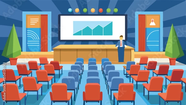 Obraz Conference Presentation: A speaker stands before a graph on a large screen, delivering a presentation to rows of empty chairs in a conference hall.