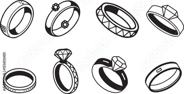 Fototapeta A set of vector illustrations featuring rings with diamonds in a black and white design