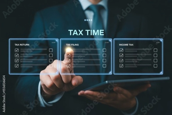 Fototapeta A man interacting with a digital tax interface showing tax return and income tax options displayed