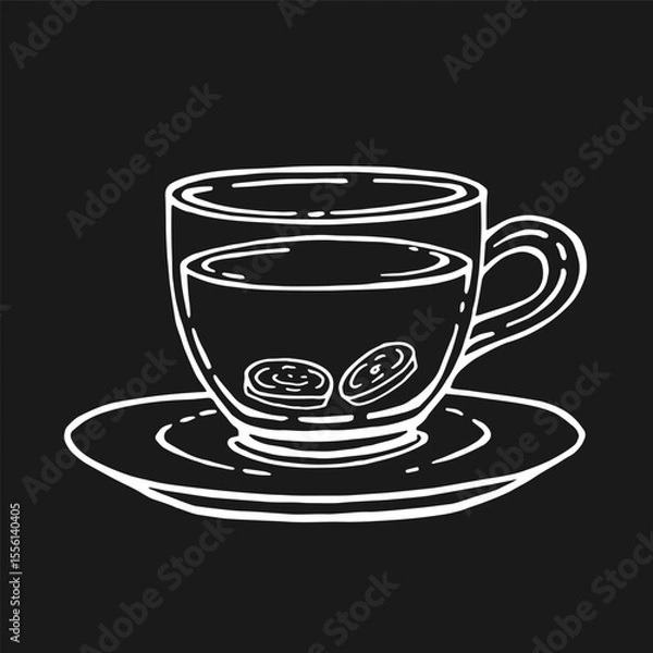 Obraz Glass cup of tea, ginger. Hand drawn vector illustration in outline style.