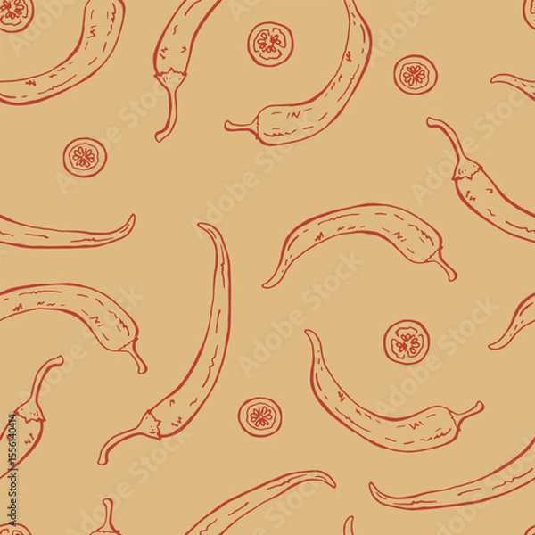Obraz Seamless pattern with chili pepper. Hand drawn vector illustration.