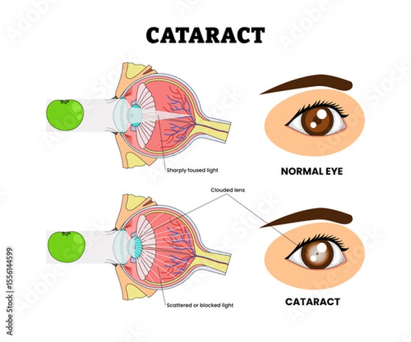 Obraz Cataract or Clouding Eye Lens, Eye Vision Problem, Eye Disease for Educational Medical Poster Design Healthcare Scheme, Eye Illness and Eyesight Problem,  Medical Retina Health.