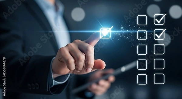 Fototapeta Businessman ticking digital checklist boxes on virtual screen