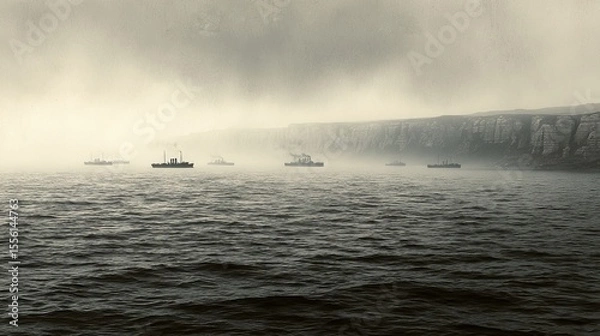 Fototapeta D-day warships and landing crafts approaching normandy coast soldiers in action gigapixel standard view of army operations