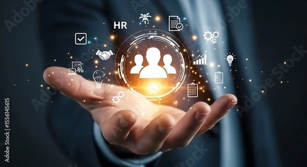 Fototapeta Hand presenting human resources management and digital transformation