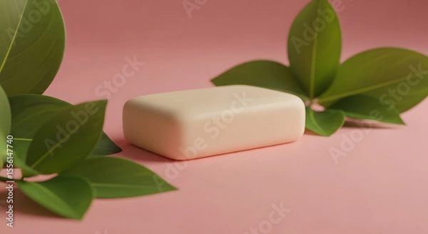Fototapeta A bar of soap nestled among fresh green leaves on a gentle pink surface, representing a sense of purity and cleanliness