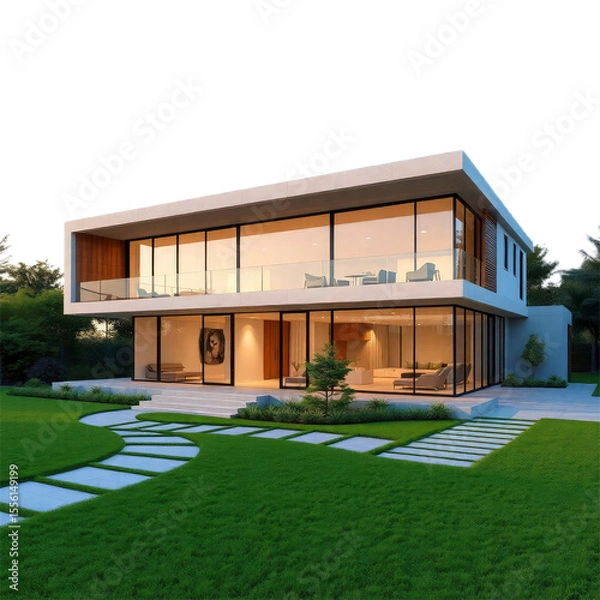 Fototapeta modern house with garden with transparent background PNG and JPEG image