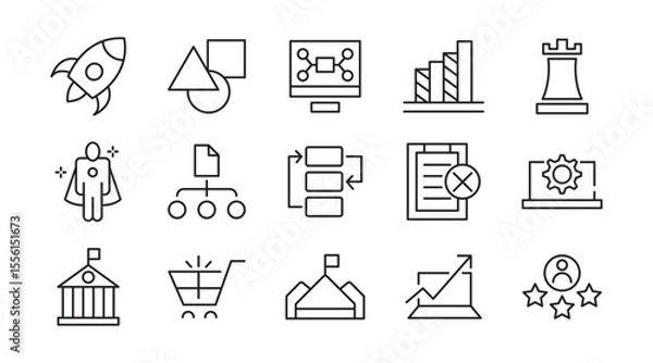 Fototapeta Creative Business Solutions line icon set. Ideas, brainstorming, solutions, adaptability, innovation, analysis, strategy, problem-solving line icon set. Ui thin line icon pack.