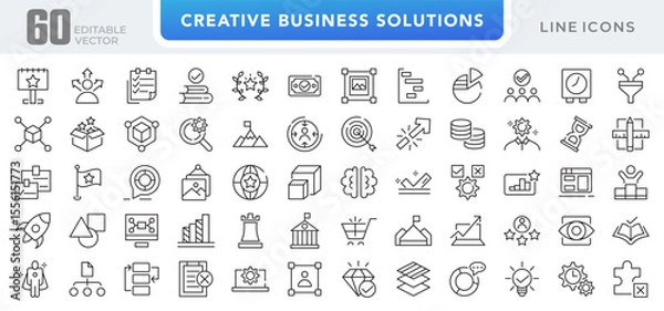 Fototapeta Creative Business Solutions line icon set. Ideas, brainstorming, solutions, adaptability, innovation, analysis, strategy, problem-solving line icon set. Ui thin line icon pack.