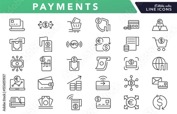 Fototapeta Payments line icon set. money, receipt, invoice, document, atm, cash, coins, credit card, wallet, savings, finance, growth, investments line icon set. Ui thin line icon pack.