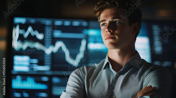 Fototapeta Analyzing market trends financial office image of analyst high-tech environment close-up perspective business insights