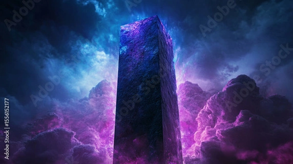 Fototapeta Mysterious monolith emerges amidst stormy skies unknown location digital art surreal environment panoramic view abstract concept