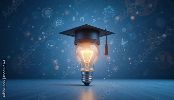 Fototapeta A graduation cap sits atop a glowing lightbulb, symbolizing innovative ideas and education