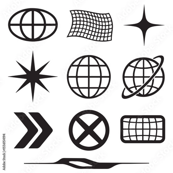 Fototapeta Futuristic Y2K vector shape set with abstract icons, globes, sparkle stars, grids, and tech-inspired elements. 
Perfect for digital design, posters, and streetwear graphics vector silhouette