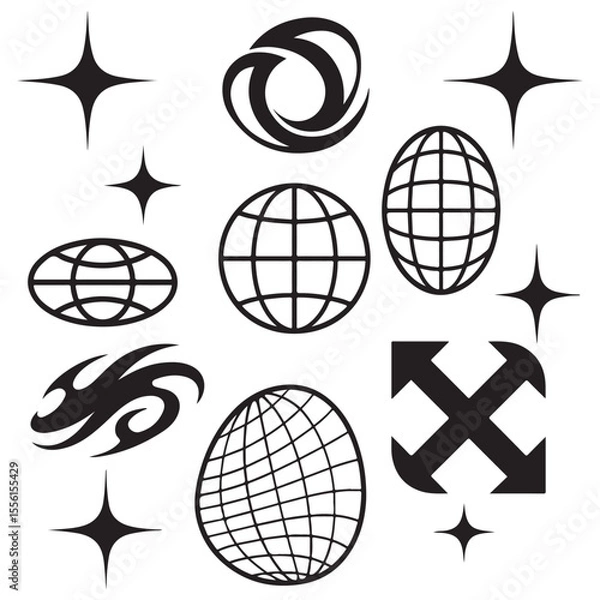 Fototapeta Futuristic Y2K vector shape set with abstract icons, globes, sparkle stars, grids, and tech-inspired elements. 
Perfect for digital design, posters, and streetwear graphics vector silhouette