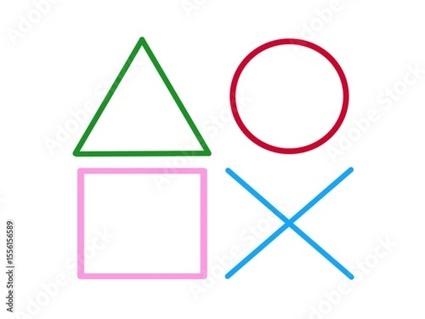 Fototapeta abstract illustration of four colored geometric shapes: green triangle, red circle, pink square, and blue cross 