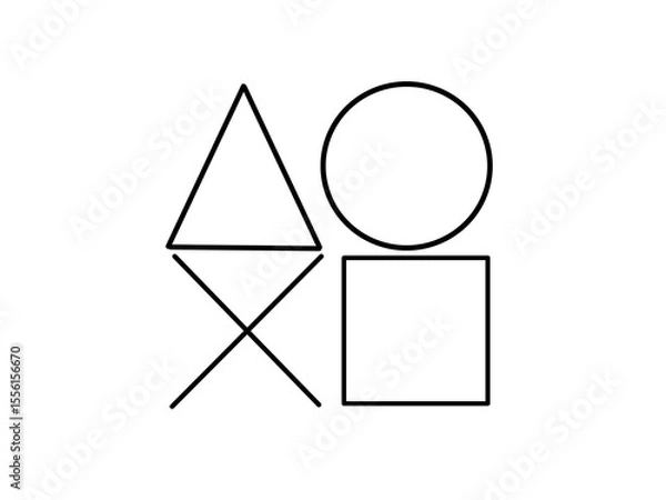 Fototapeta abstract illustration of four geometric shapes: triangle, circle, cross, and square on a plain white background 