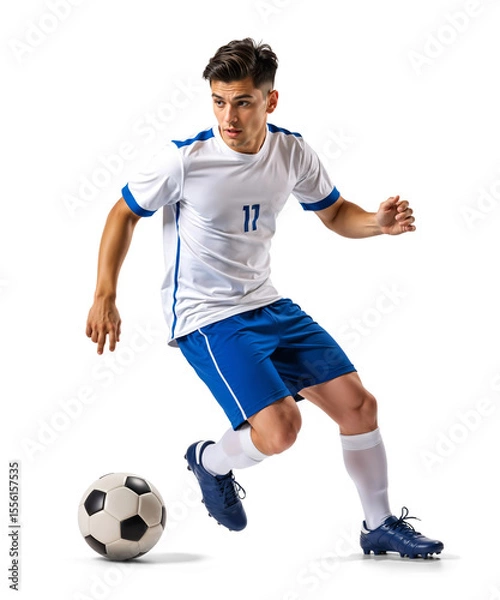 Obraz Football athlete in motion with focus control on soccer ball, isolated background