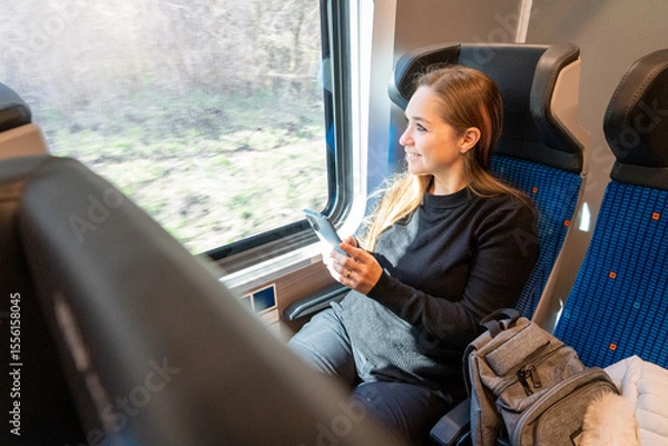 Obraz Mujer sonriente usando su celular mientras viaja en tren, sentado en la ventanilla y mirando el paisaje