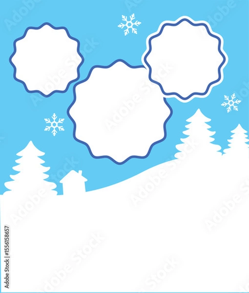 Fototapeta Christmas blue composition. Decorative frames with wavy edges. Vector Holiday collage with trees, house and snowflakes. Vertical template with 3 Photo frames. Mockup, background. EPS10.