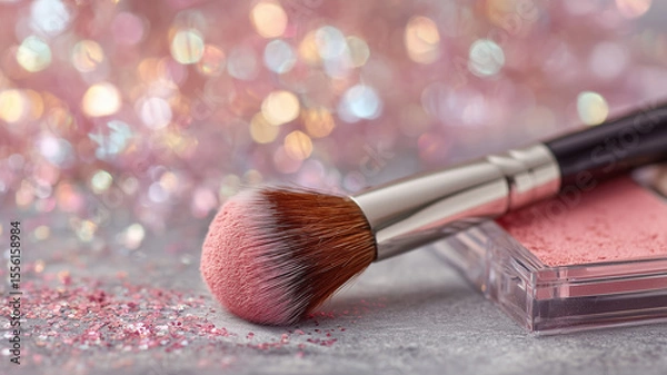 Fototapeta Makeup brush and palette with pink blush on a grey background,