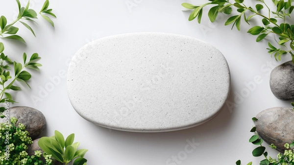 Fototapeta Blank White Oval Stone with Green Foliage and Pebbles on white Background