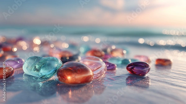 Fototapeta Colorful glass stones in the water on a beach
