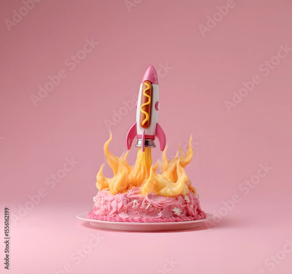 Fototapeta Whimsical Rocket Launching from a Pink Cake – Surreal food concept with playful twist. A toy-like pink rocket shaped as a hotdog, launching from the top of a whimsical pink cake.