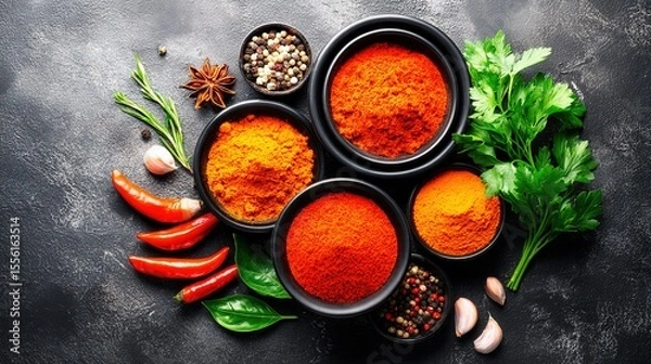 Obraz Assorted herbs and spices in artistic arrangement, celebrating natural flavors and culinary diversity