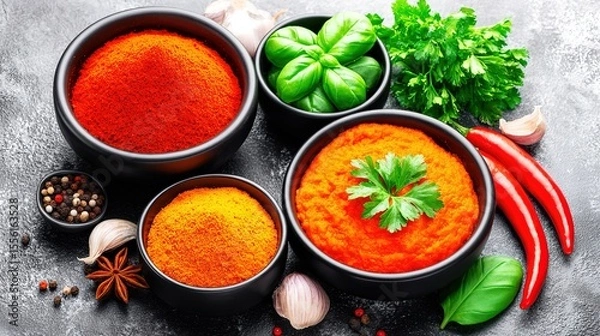 Obraz Assorted herbs and spices in artistic arrangement, celebrating natural flavors and culinary diversity