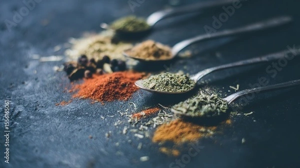 Obraz Assorted herbs and spices in artistic arrangement, celebrating natural flavors and culinary diversity