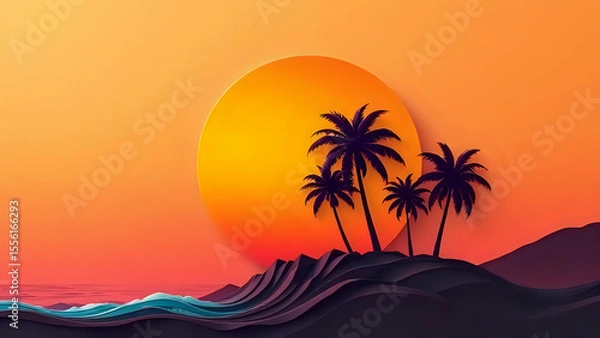 Fototapeta Vintage-style 3D poster with an embossed retro wave sun, palm trees, and gradient sky.