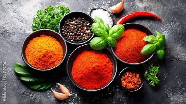 Obraz Assorted herbs and spices in artistic arrangement, celebrating natural flavors and culinary diversity。