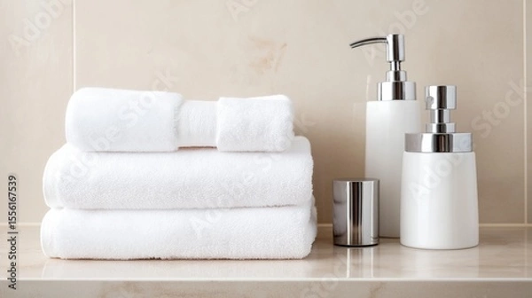 Obraz A stack of clean, towels folded on a bathroom shelf