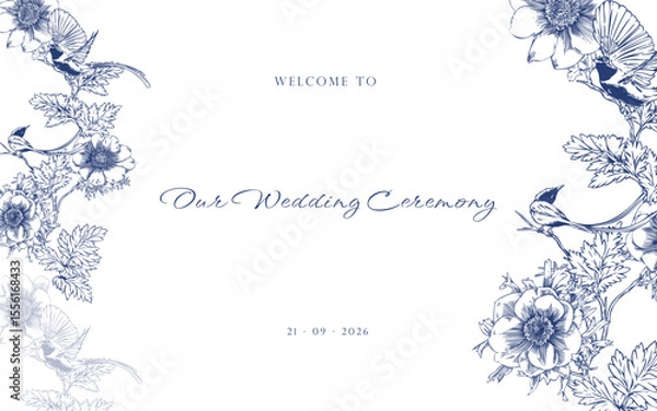 Obraz Hand Drawn Flycatcher Bird Surrounded by Anemone Flowers and Leaves Welcome to Our Wedding Template