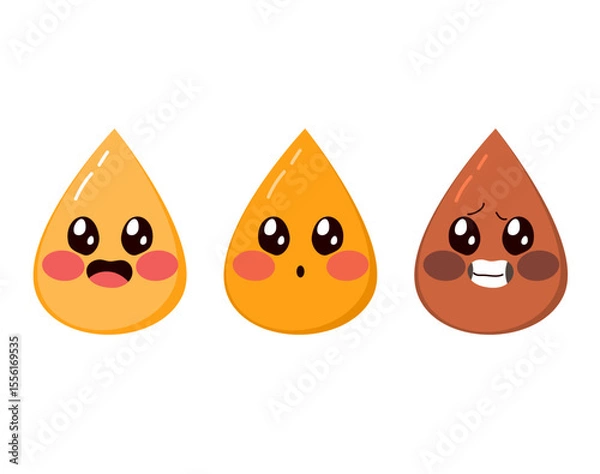 Fototapeta Vector illustration cartoon of various pee-drop mascots in different colors indicating levels of hydration. Humorous medical awareness design