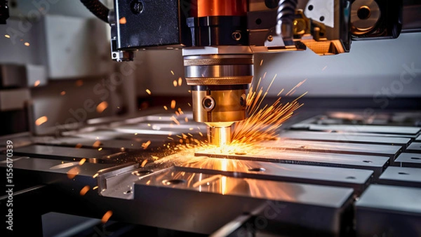 Fototapeta CNC Milling Machine Cutting Metal with Coolant Spray and Metal Chips in Motion | Generative AI