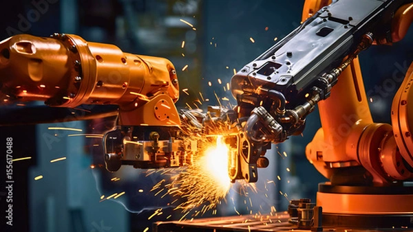 Fototapeta High-Tech Robotic Arm in Action with Sparks and Precision Engineering Close-Up | Generative AI