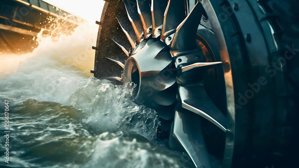 Fototapeta Hydroelectric Turbine Blade with Water Droplets in Motion – Clean Energy Engineering Detail | Generative AI