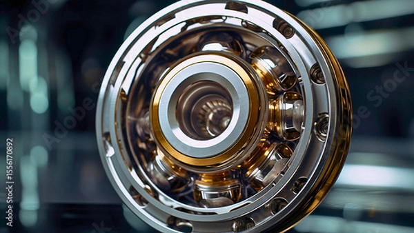 Fototapeta Precision Ball Bearing Floating in Air with Reflections on Polished Metal Surface | Generative AI