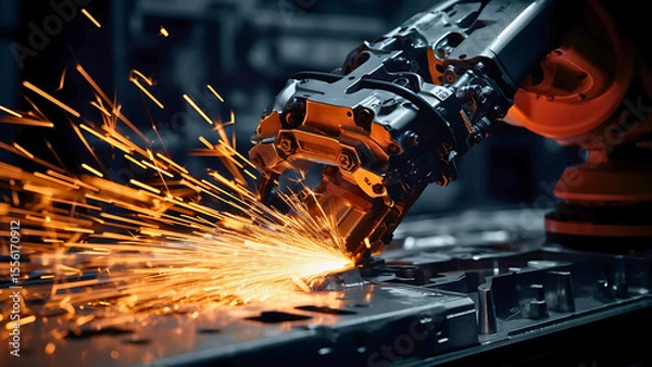 Fototapeta High-Tech Robotic Arm in Action with Sparks and Precision Engineering Close-Up | Generative AI