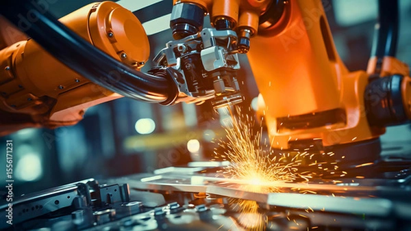 Fototapeta High-Tech Robotic Arm in Action with Sparks and Precision Engineering Close-Up | Generative AI