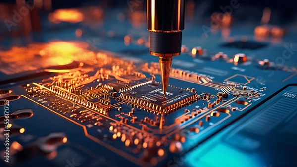 Fototapeta Close-up of Soldering Iron Tip Melting Solder on Circuit Board – Electronics and Engineering Concept | Generative AI