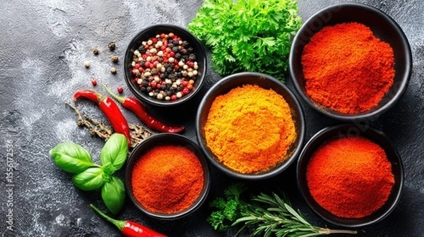 Obraz Assorted herbs and spices in artistic arrangement, celebrating natural flavors and culinary diversity
