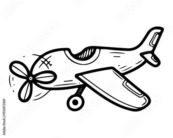 Fototapeta Airplane with propeller and landing gear down. Hand drawn doodle vector. Air single-seat transport. Winged machine for flying in the sky. Small aviation. Technology. Element of line art illustration.