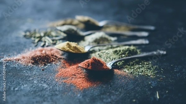 Obraz Assorted herbs and spices in artistic arrangement, celebrating natural flavors and culinary diversity