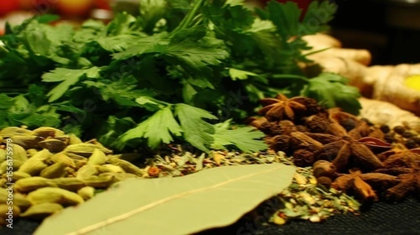 Obraz Assorted herbs and spices in artistic arrangement, celebrating natural flavors and culinary diversity