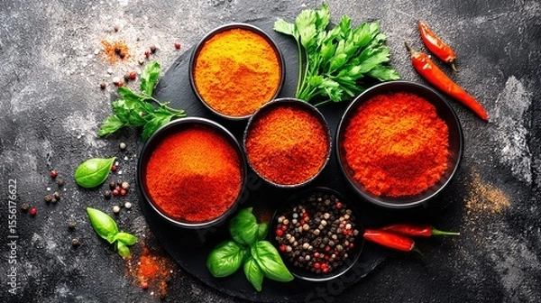 Obraz Assorted herbs and spices in artistic arrangement, celebrating natural flavors and culinary diversity