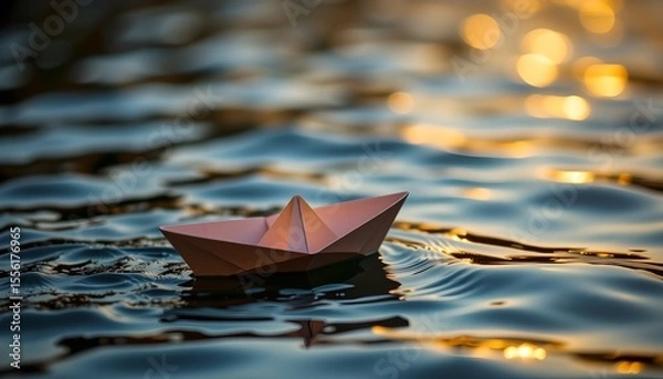 Fototapeta paper boat leading others on water, concept of leading by example, minimal style, warm light, shallow dof